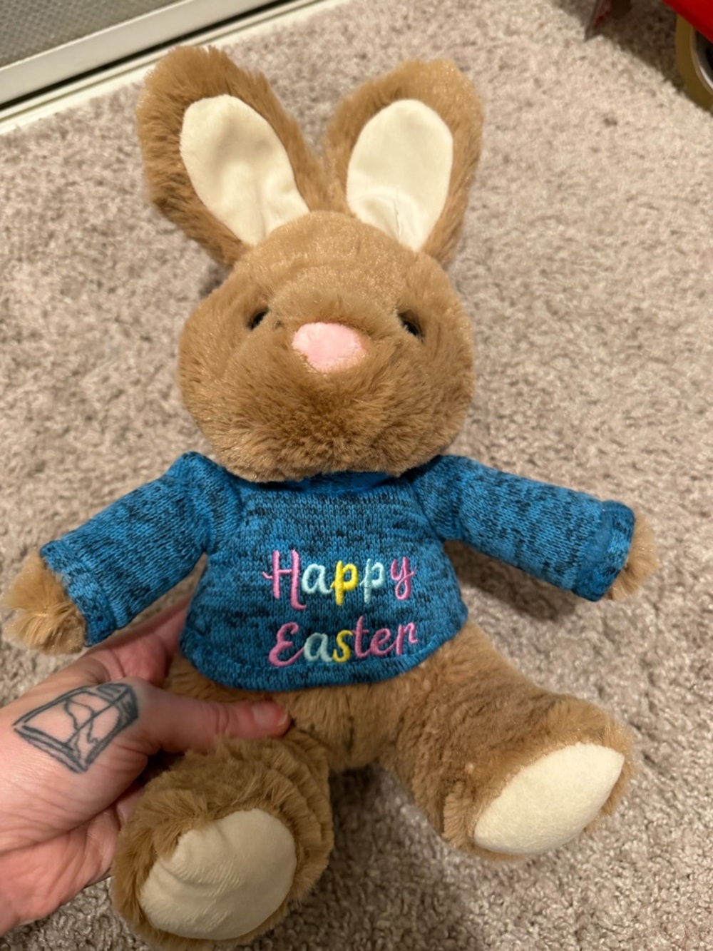 Brown Bunny Plush in Blue "Happy Easter" Sweater- like new